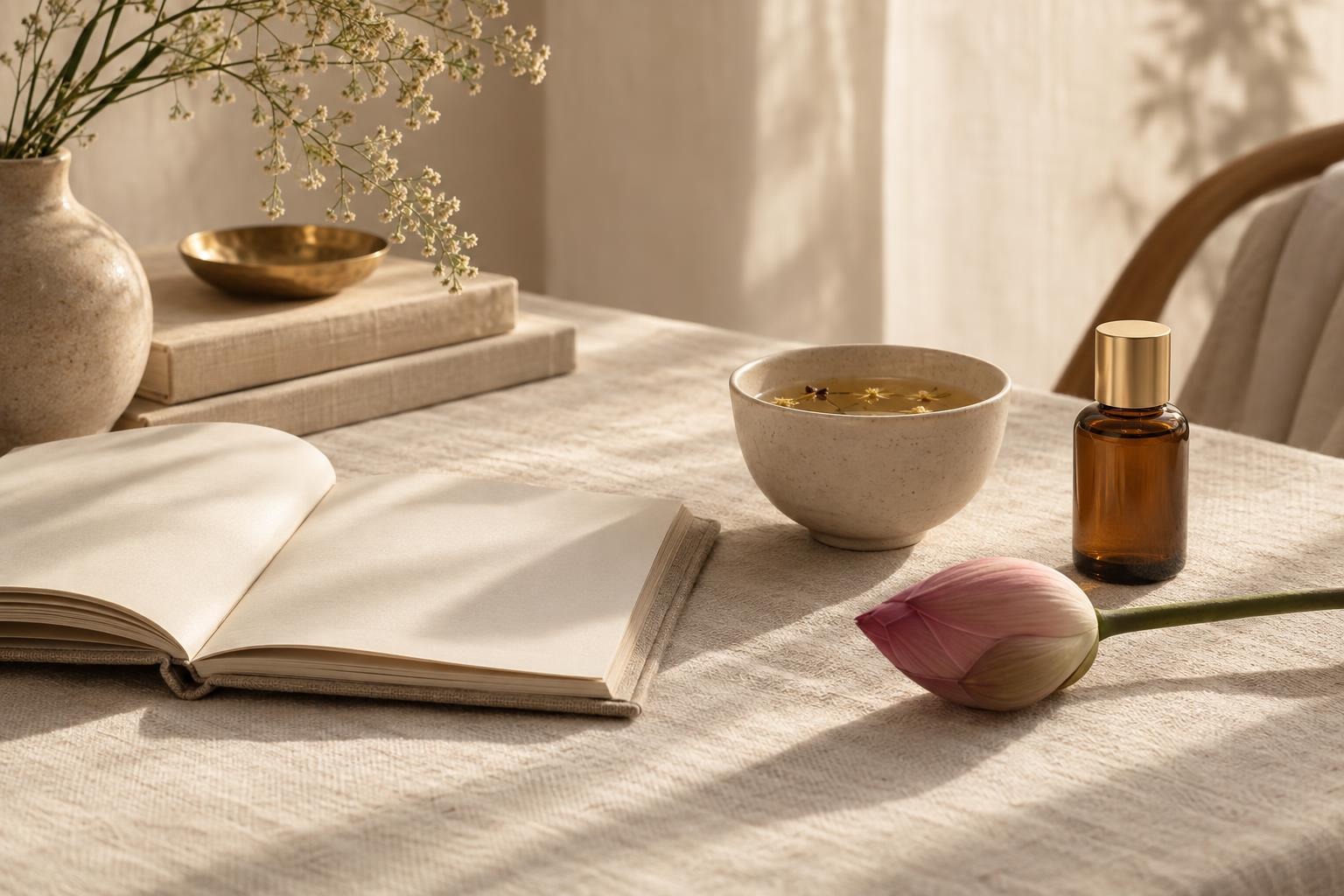 An open notebook on a linen-covered table beside a ceramic bowl, an amber dropper bottle and a pink lotus bud in warm sunlight.