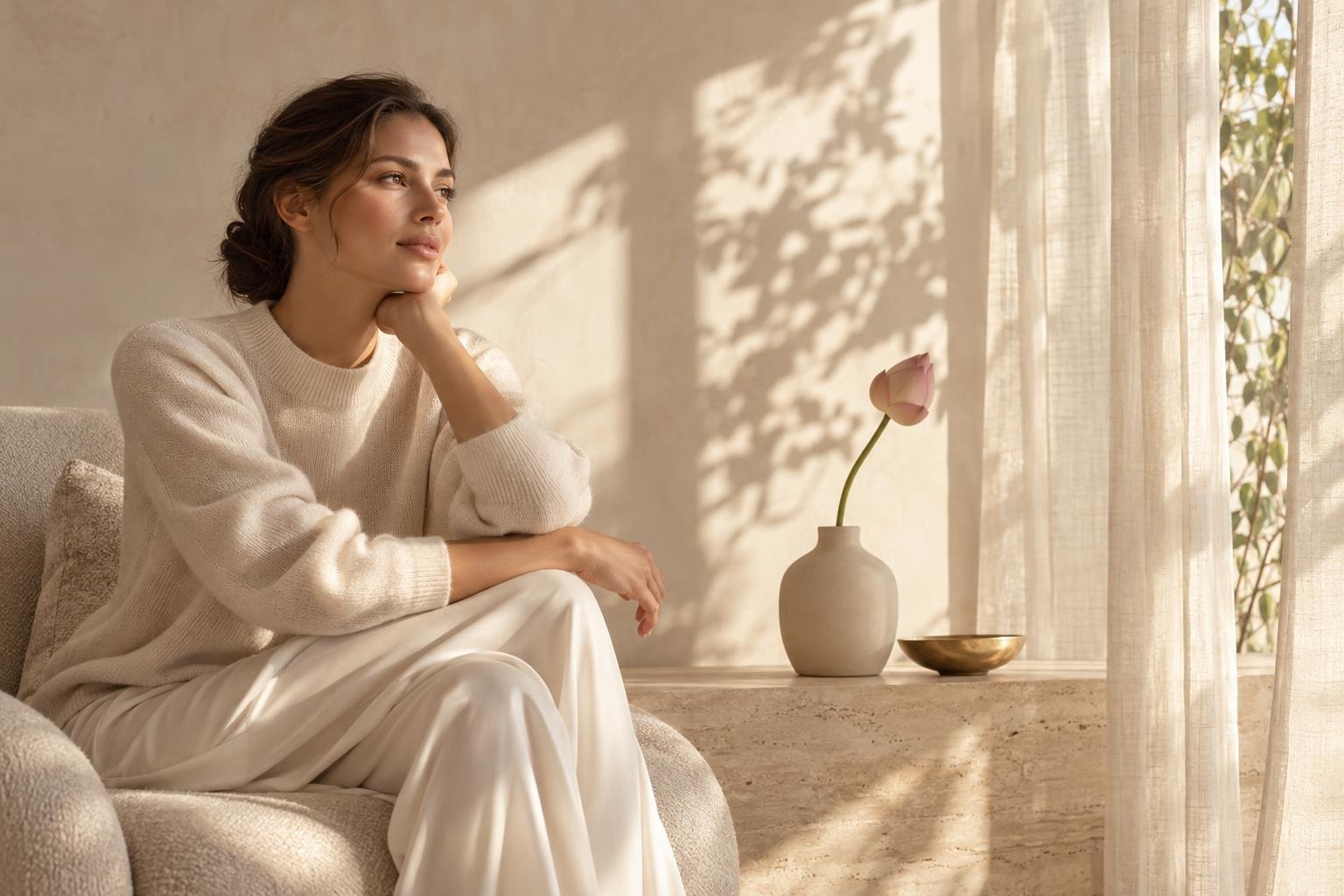 A woman with dark hair in a cream knit outfit sits by a sunlit window with sheer curtains.
