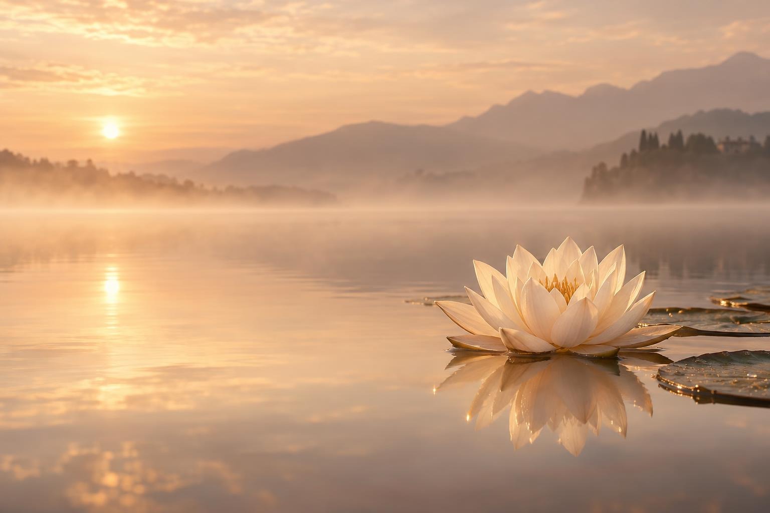 A white lotus flower on a still lake at sunrise, with misty hills in the distance.