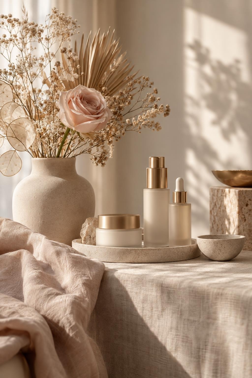 Dried flowers and a pale pink rose in a ceramic vase beside skincare bottles on a linen-covered table.