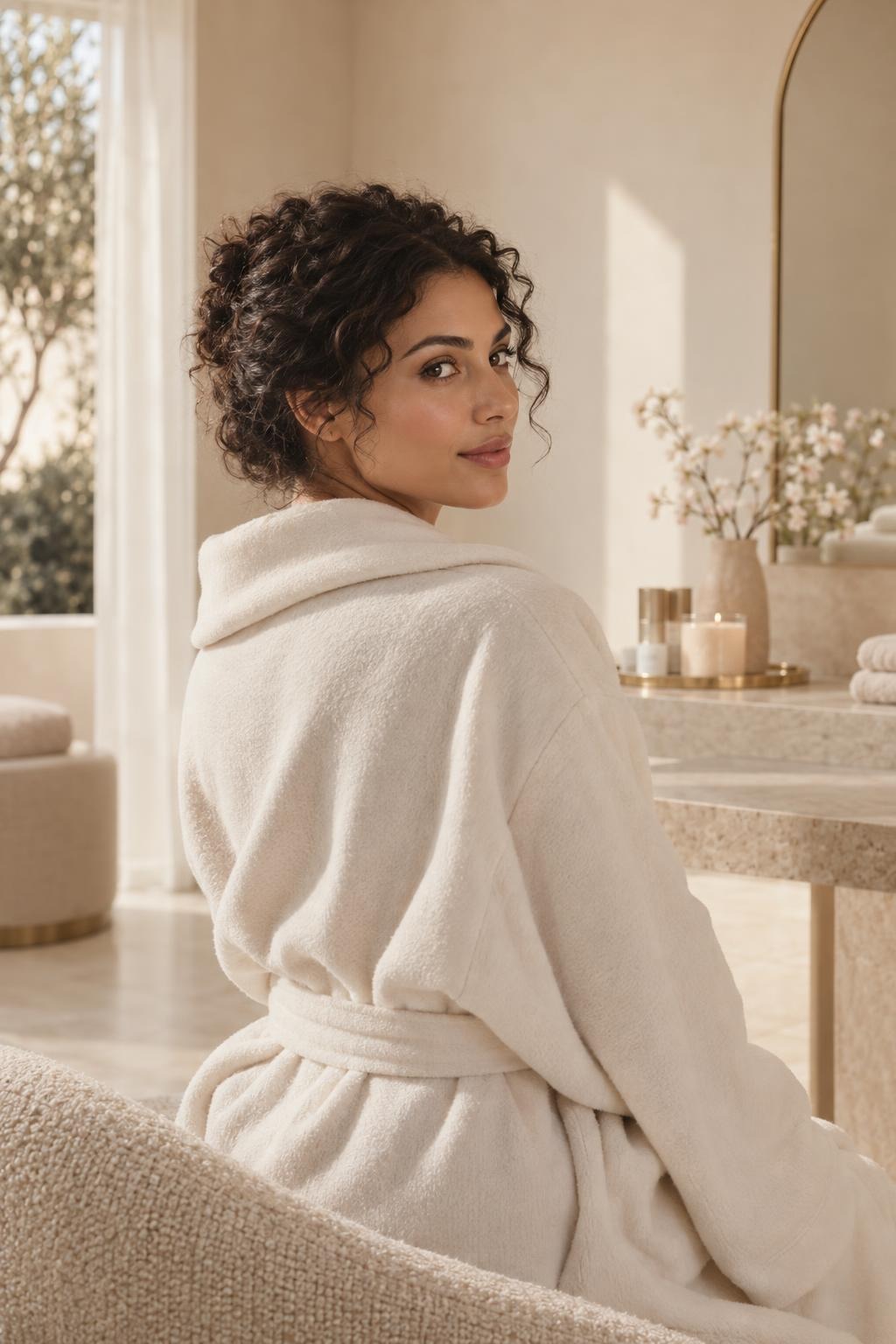 A woman with curly dark hair in a white robe looks back over one shoulder in a bright room.