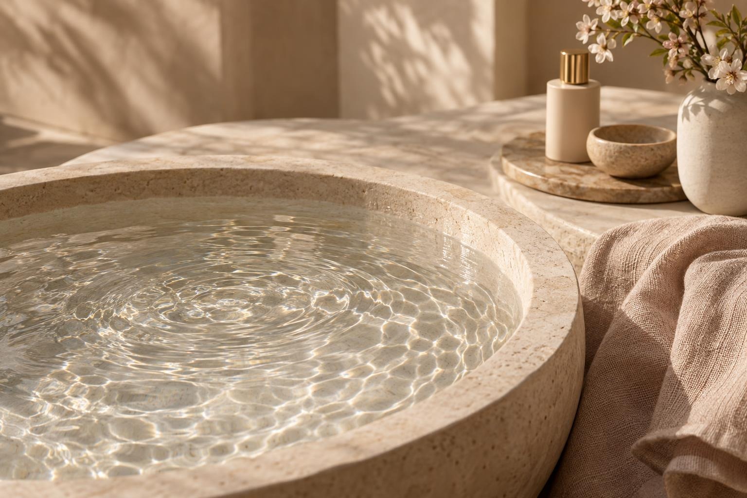 A round stone basin filled with clear water, with small bottles and dried flowers behind it in the sun.