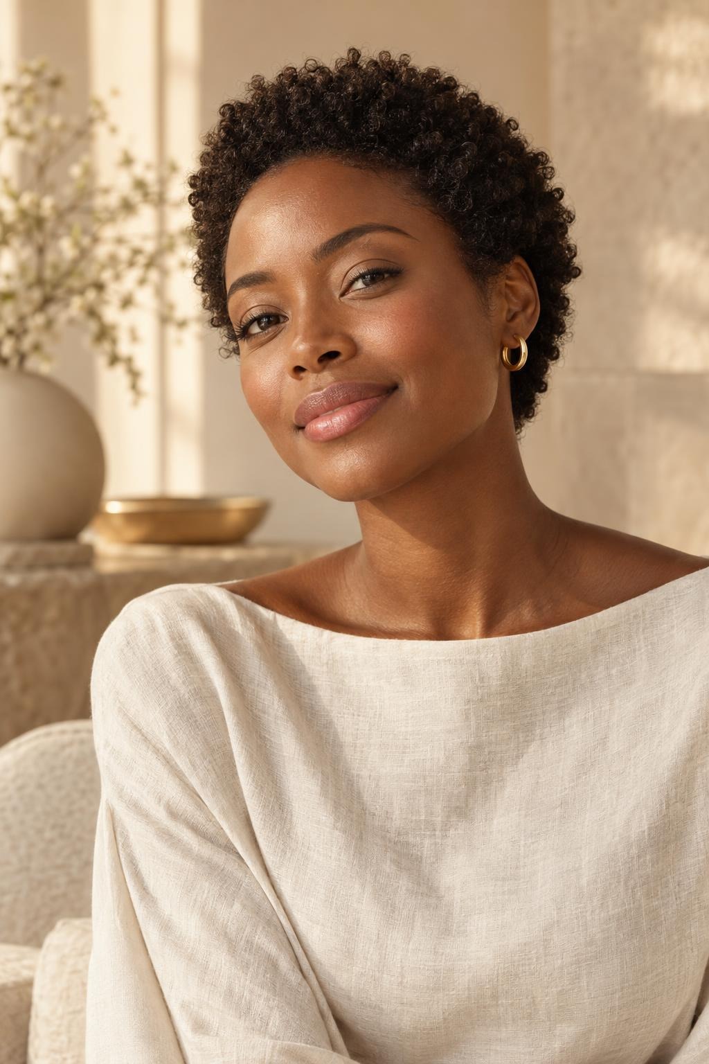 A smiling woman with short natural curls in a cream linen top, in warm light.