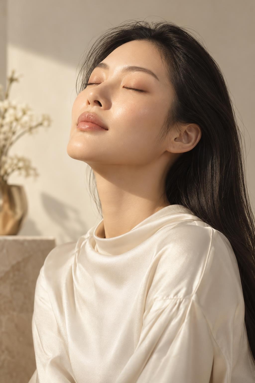 A woman with long black hair and closed eyes, face lifted to the sunlight, wearing an ivory silk top.