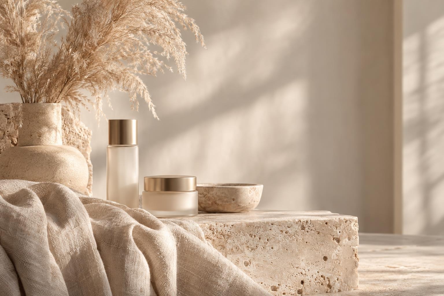 A calm, sunlit room with a stone bench, dried grasses in a vase, skincare bottles and a linen throw.