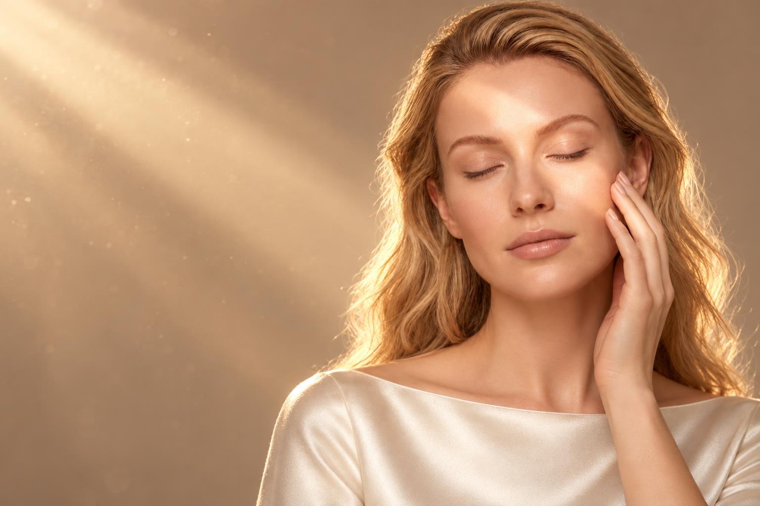 A woman with long blonde hair, eyes closed, rests her fingertips on her cheekbone in a beam of golden light.