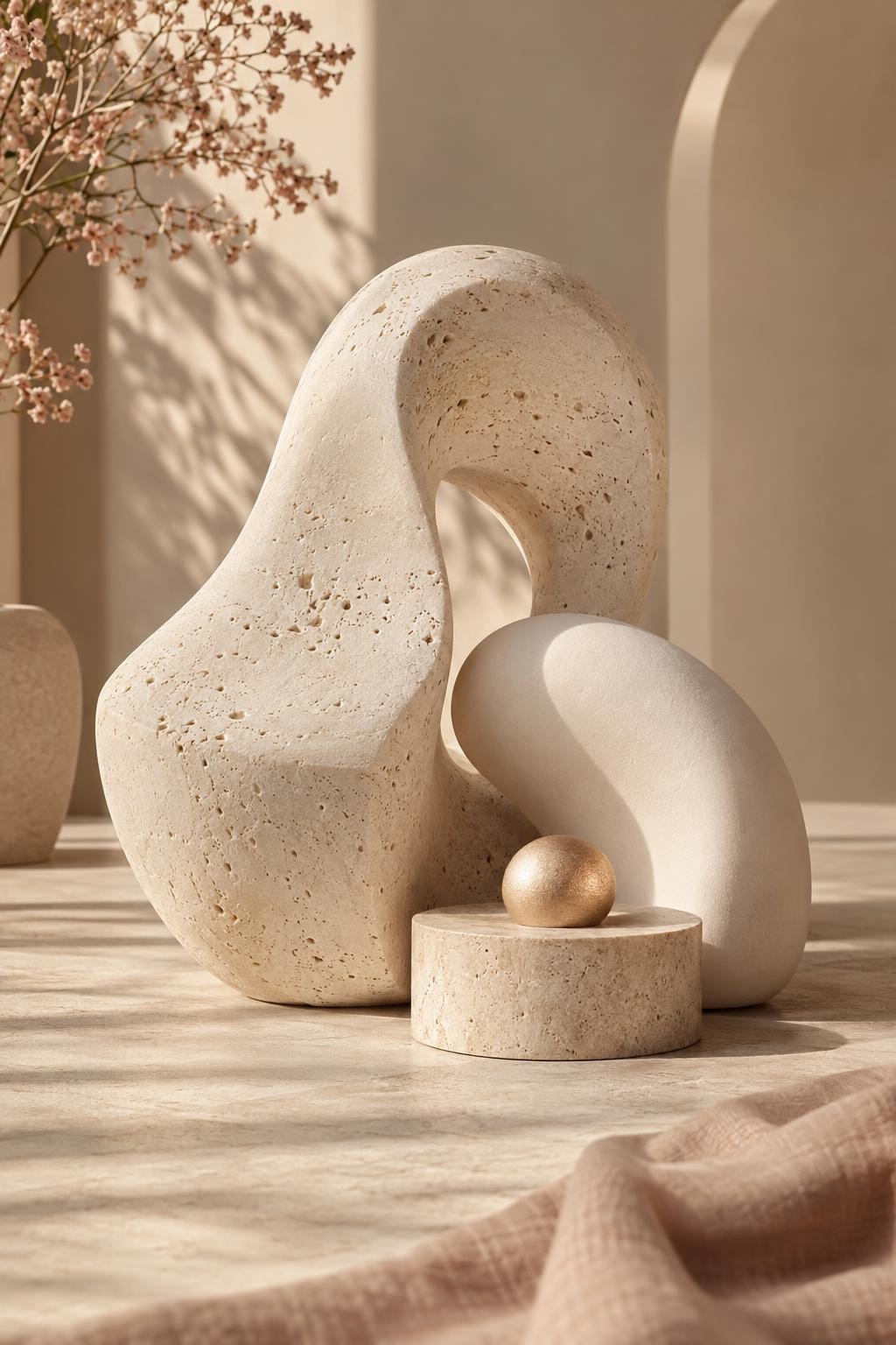 Smooth, curved stone sculptures and a small brass sphere on a sunlit plinth.