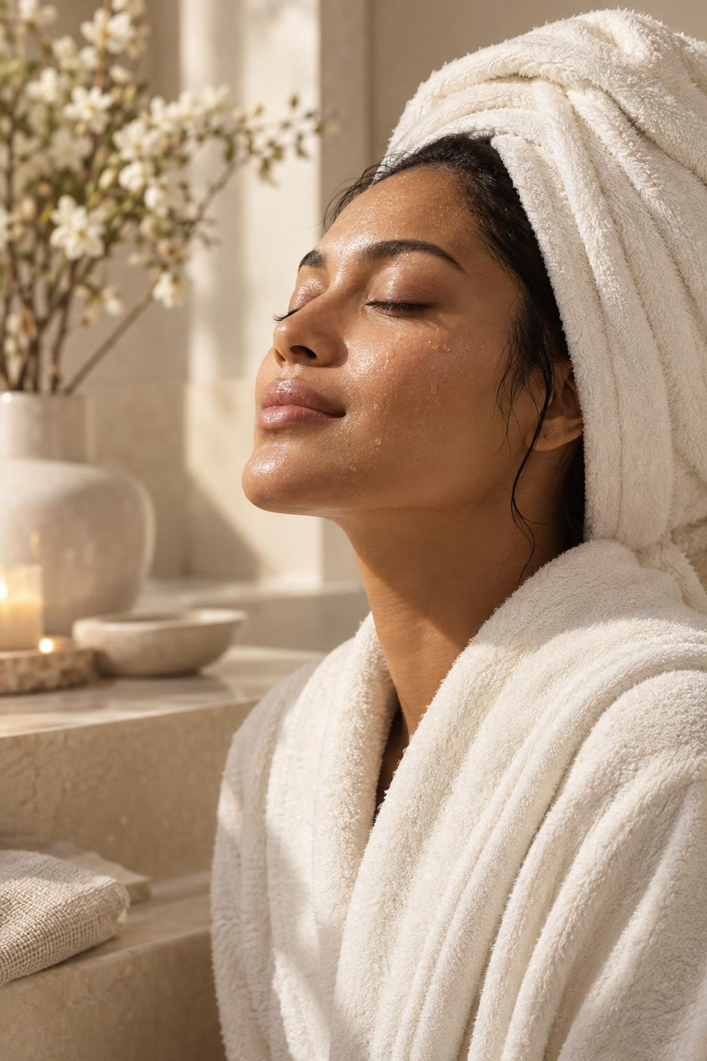 A woman with hair wrapped in a white towel, wearing a white robe, eyes closed, in a sunlit room.