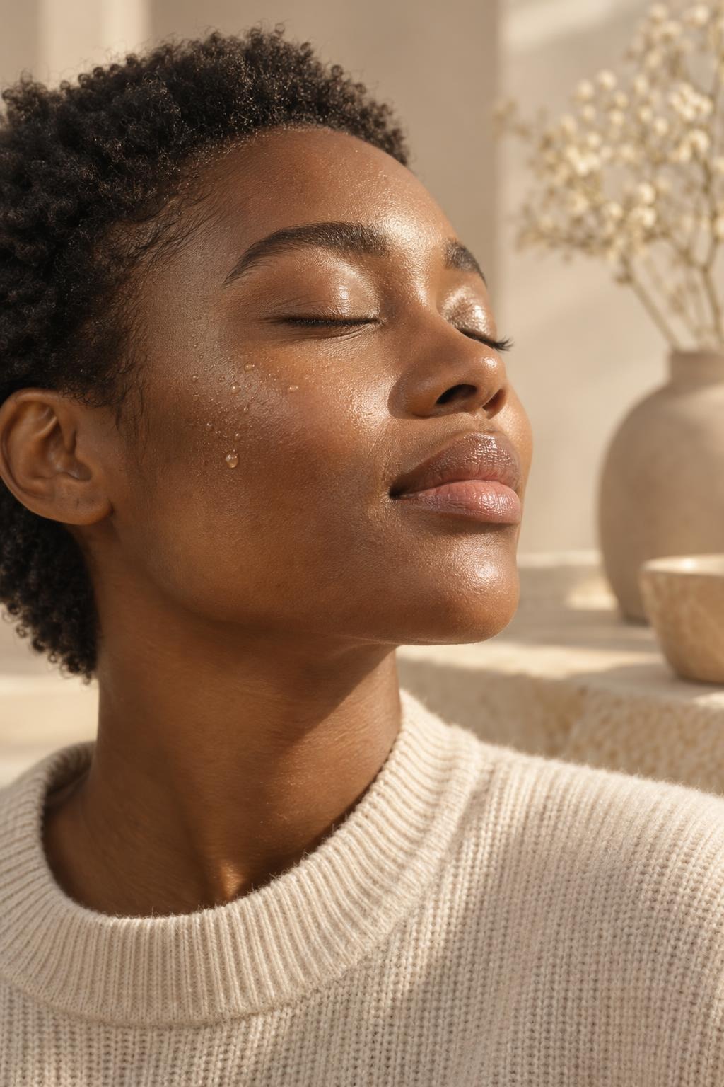 A woman with short natural curls and closed eyes, wearing a cream sweater, in warm light.
