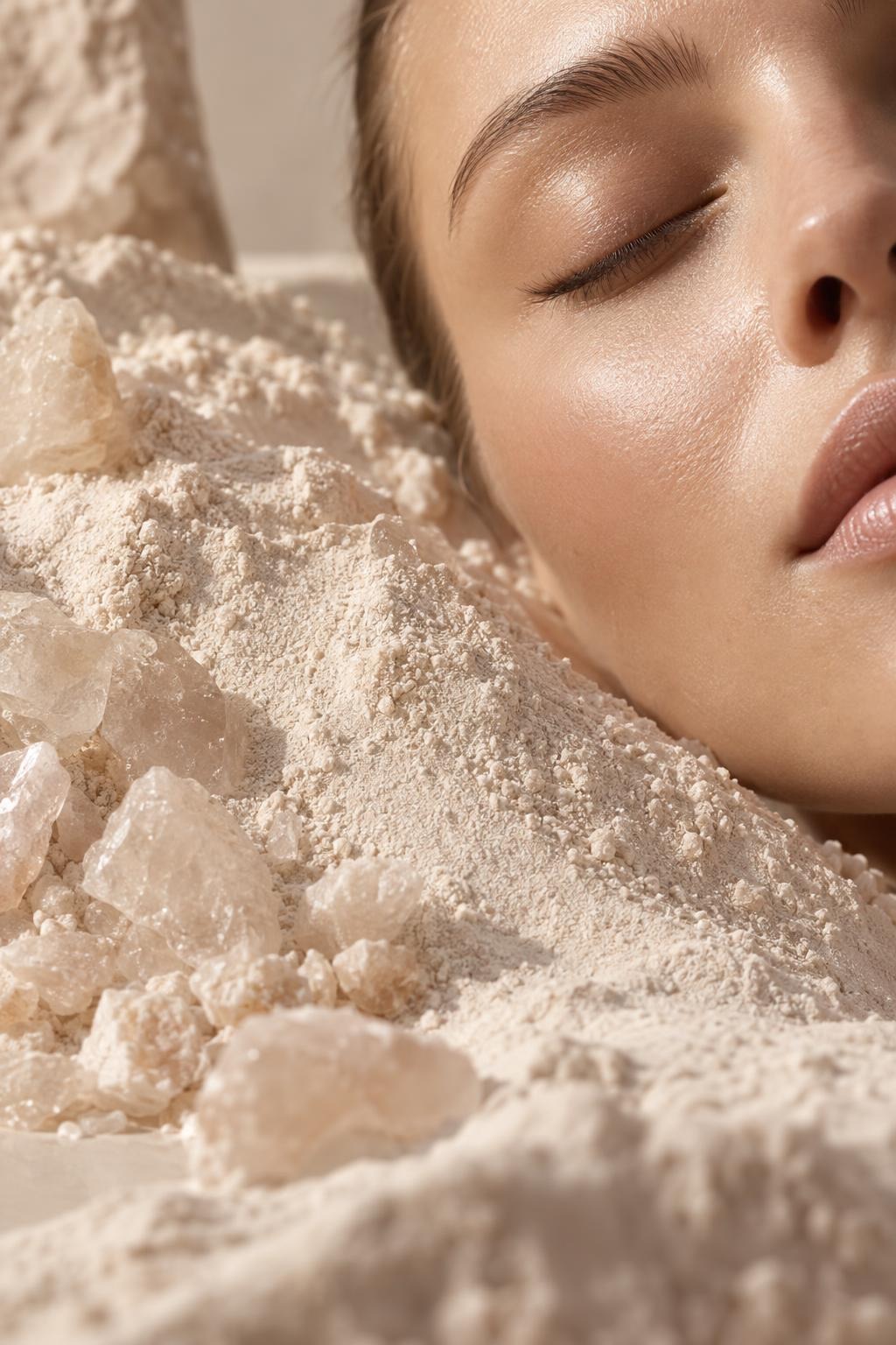A woman with closed eyes resting beside soft mounds of fine pale crystals.