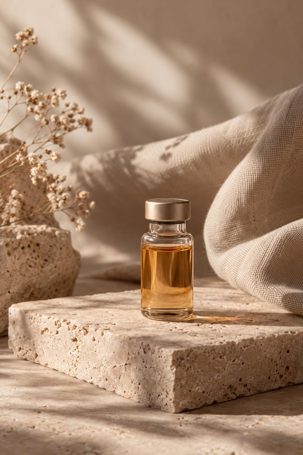 A small glass bottle of amber liquid on a travertine block beside dried flowers.