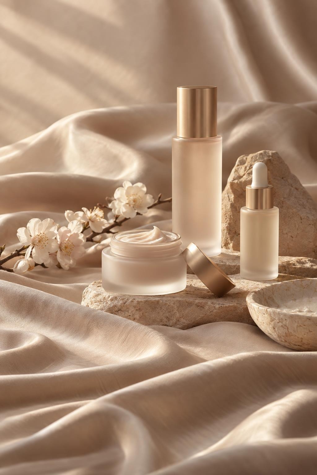 Skincare bottles and a jar with small white blossoms on draped ivory satin.