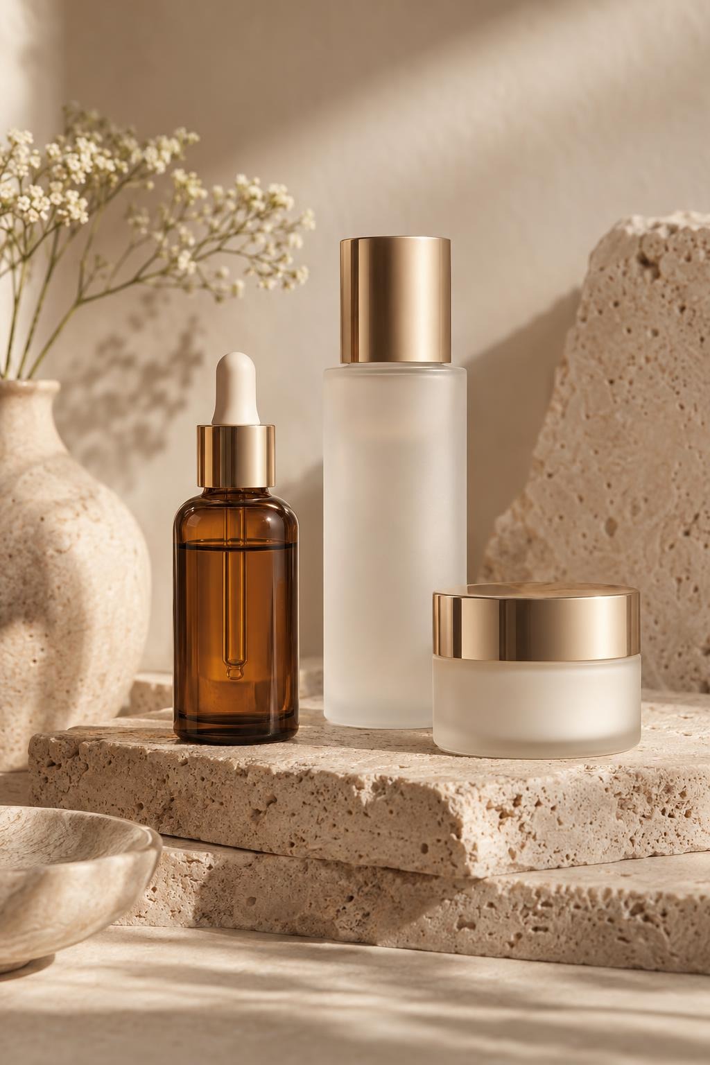 An amber dropper bottle, a frosted bottle and a cream jar with gold caps arranged on stone blocks.