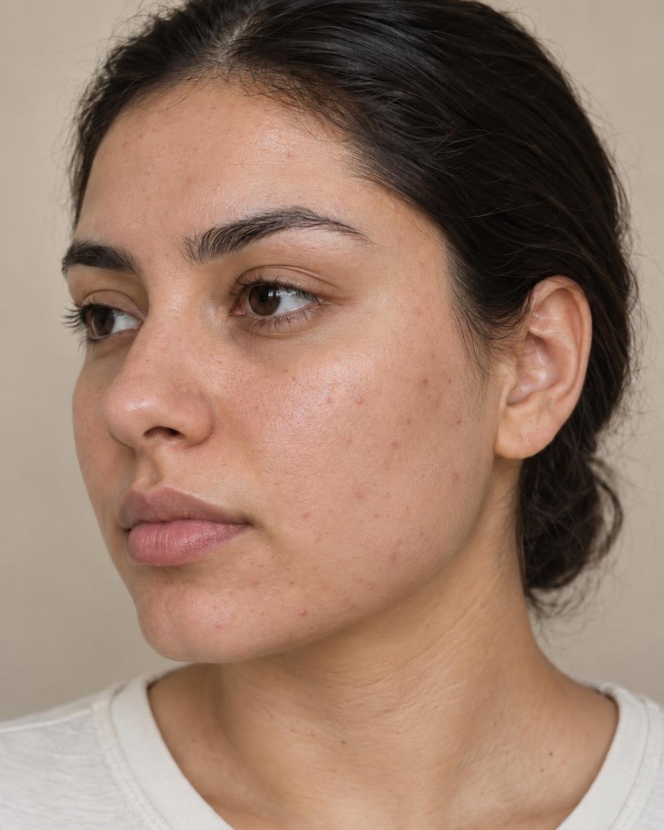 After: a young adult with medium olive skin, three-quarter view (AI-generated demo image).
