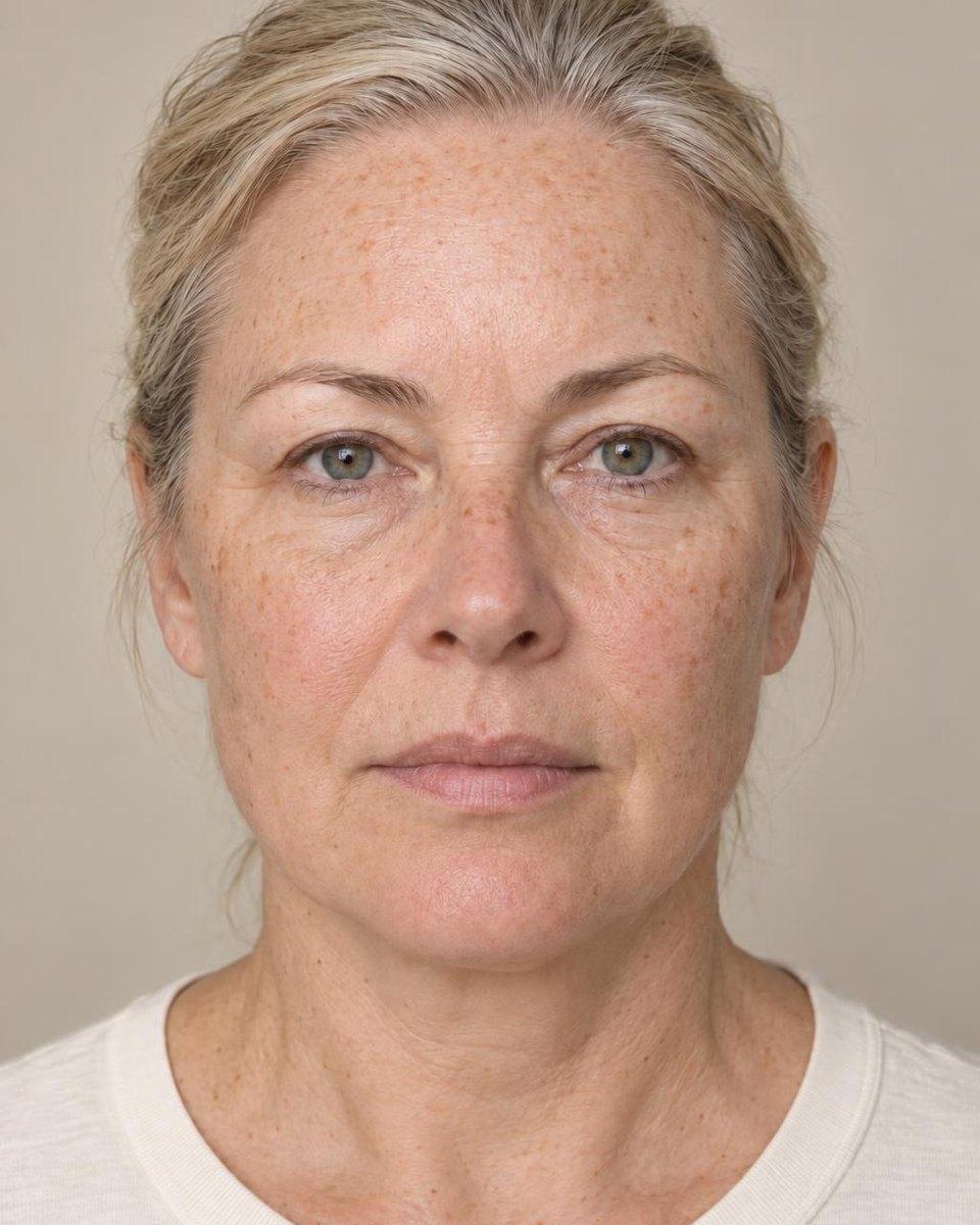 After: a woman in her fifties with fair, sun-spotted skin (AI-generated demo image).