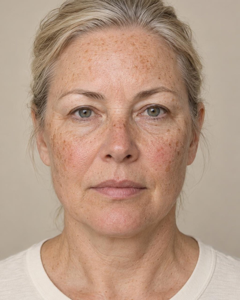 Before: a woman in her fifties with fair, sun-spotted skin (AI-generated demo image).