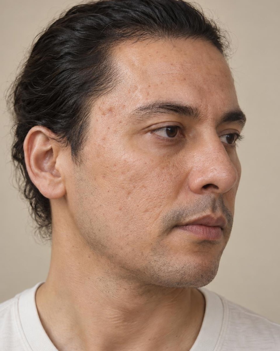 After: a man in his thirties with light brown skin, three-quarter view (AI-generated demo image).