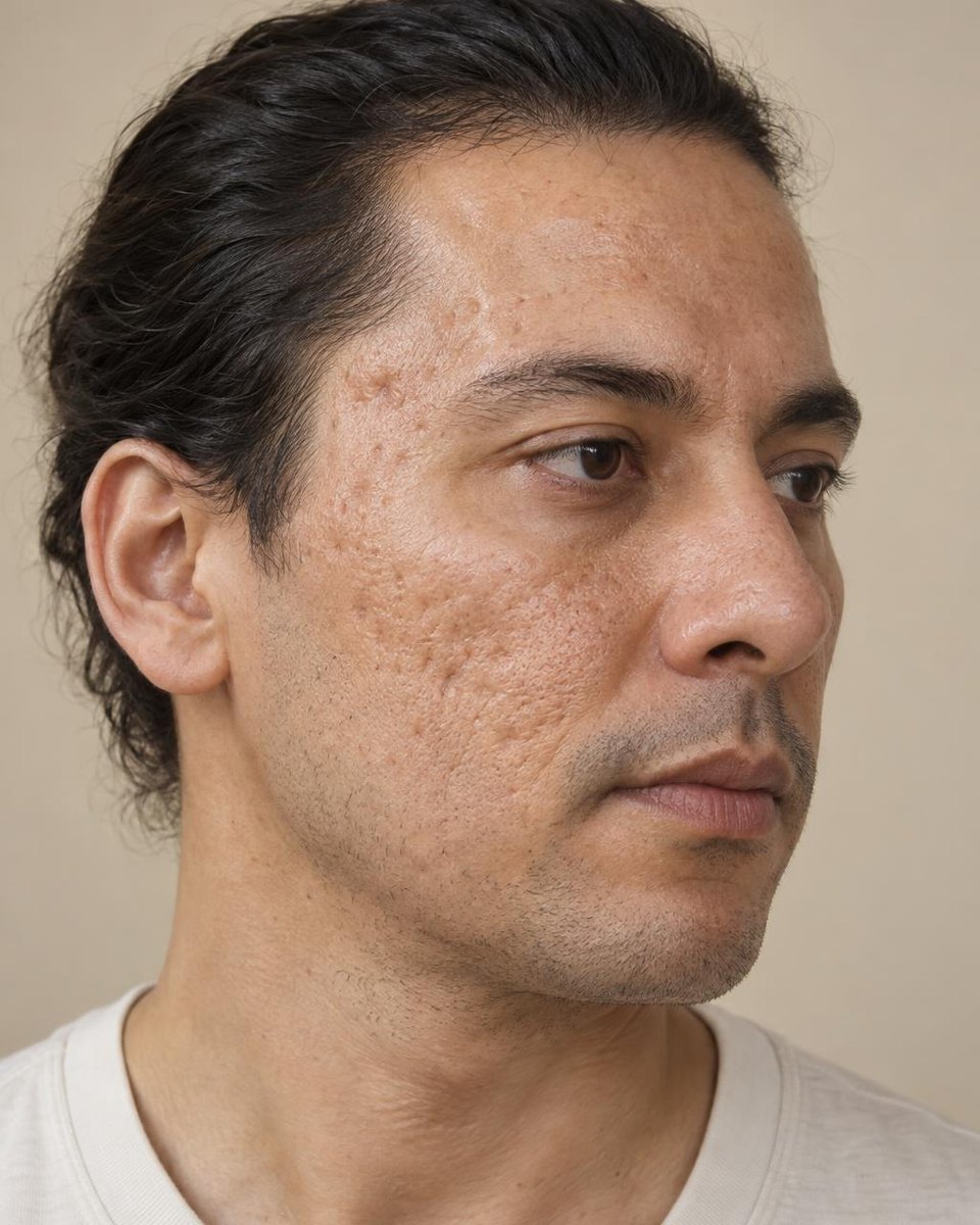 Before: a man in his thirties with light brown skin, three-quarter view (AI-generated demo image).