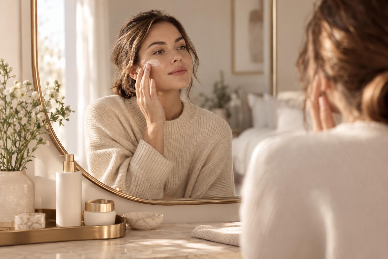 A person applying a light cream in front of a mirror at home.