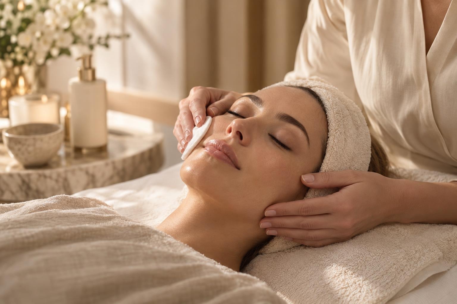 A client resting on a treatment bed while their skin is gently cleansed.