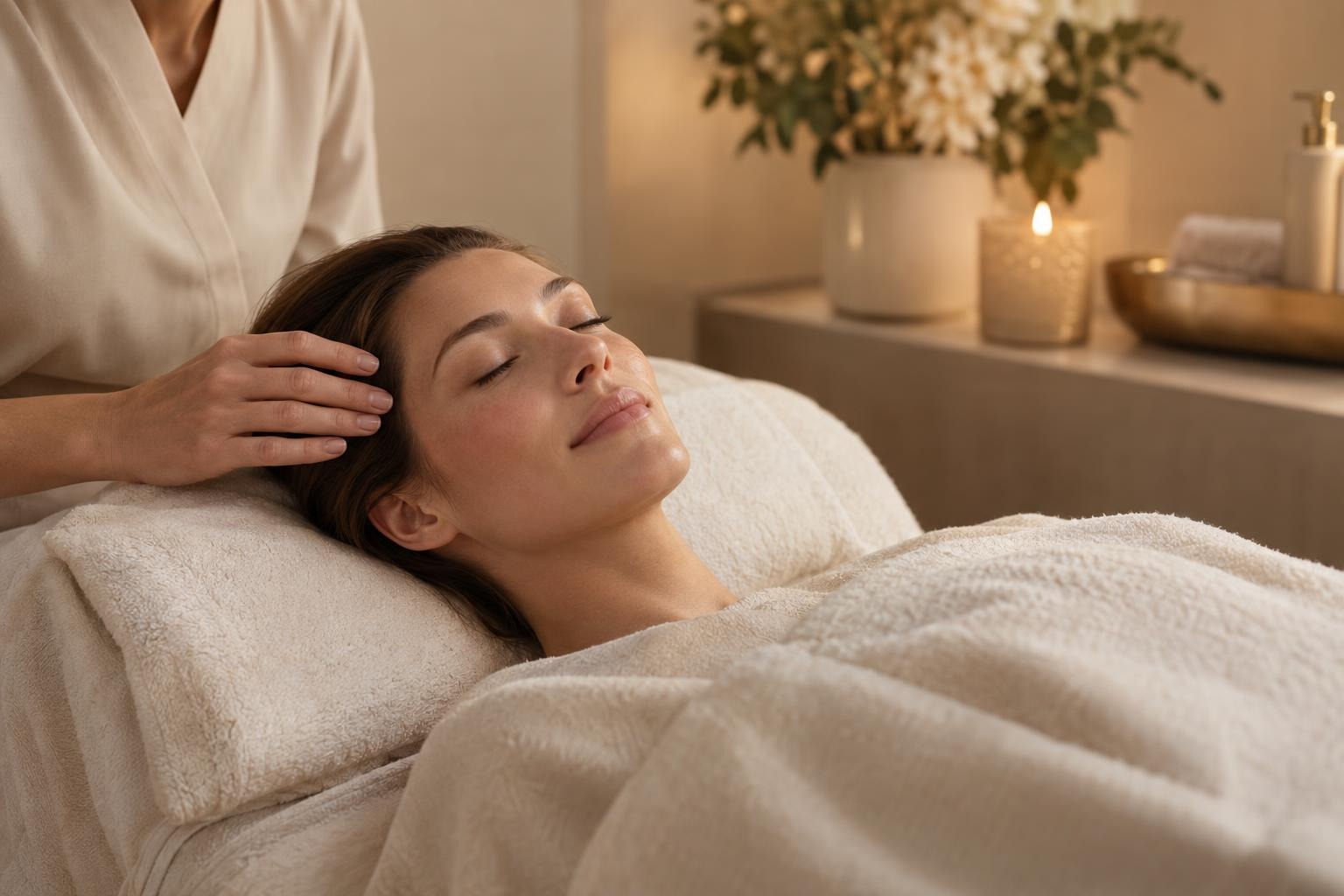 A client lying relaxed under a soft blanket during a treatment session.